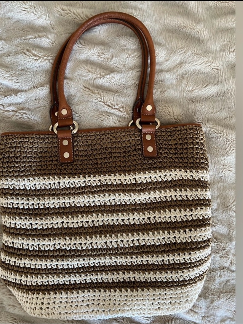 Donna Karan Brown and Cream Woven Stripe Tote with Leather Trim
